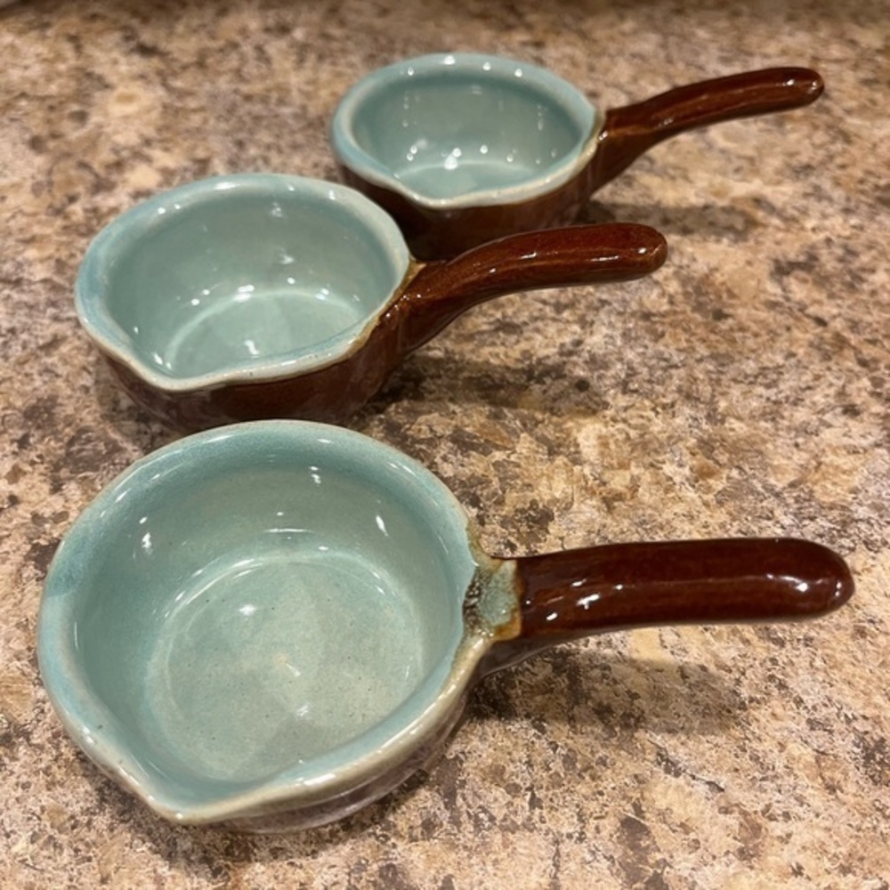 Taylor Country Fare Green Brown Pipkin Handled Ramekin Dishes Set of 3